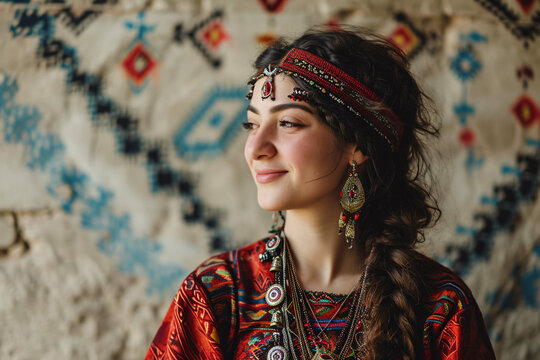 portrait of a Armenian woman, Armenian Woman in Taraz with Ancient Patterns, Traditional Armenian Attire