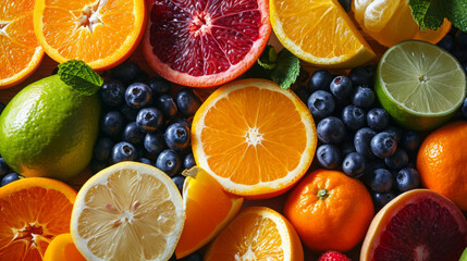 Vibrant assortment of citrus fruits and berries, fresh and full of flavour.