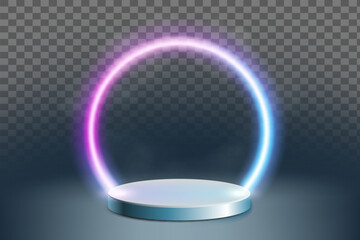 Podium or stage mockup with neon round frame. Template isolated on transparent background. Stock vector background