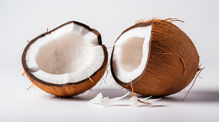 Coconut and one cracked on white background