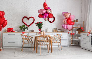 Interior of festive kitchen with decorations for Valentine's Day celebration