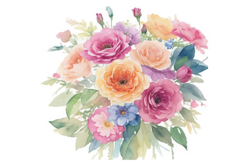 Obraz na płótnie Canvas AI generated watercolor bouquet. watercolor flowers and leaves illustration for wedding, greetings, stationary, wallpapers, fashion, background. rose, blossom, olive, green leaves, Eucalyptus etc