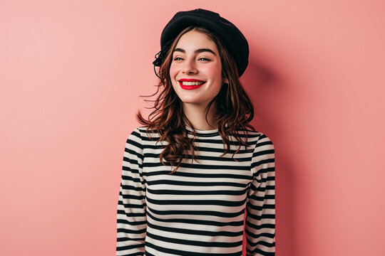 portrait of a French woman, French Woman in Traditional Breton Stripe with Beret, Model photography with Traditional Attire