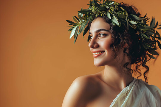 portrait of a Greek woman with curly hair, Beautiful Greek Woman in Traditional Chiton with Olive Wreath, model Photography, Traditional Attire