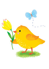 easter chicken with flower and butterfly