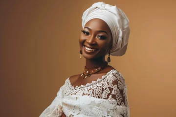 Fototapeten portrait of a Nigerian woman, Nigerian Woman in Traditional Yoruba Attire with Head Tie, model photography, Traditional Attire © Udari