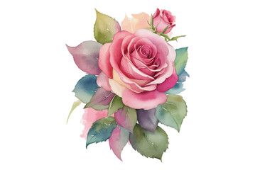 AI generated watercolor bouquet. watercolor flowers and leaves illustration for wedding, greetings, stationary, wallpapers, fashion, background. rose, blossom, olive, green leaves, Eucalyptus etc