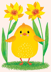 easter chicken with spring flowers 