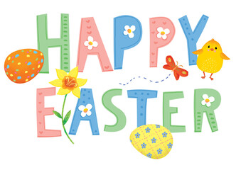 happy easter card with eggs, chicken, butterfly and flowers