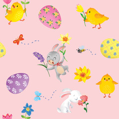 seamless pattern with chickens, rabbits and flowers