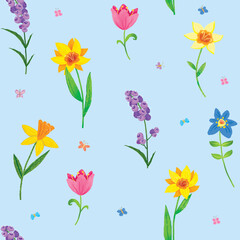 seamless pattern with colorful flowers and butterflies on blue colour