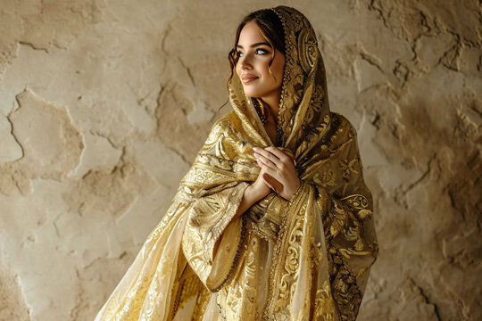 Moroccan woman in yellow dress, Moroccan Woman in Traditional Kaftan with Gold Embroidery, Traditional Moroccan Attire, Model photography
