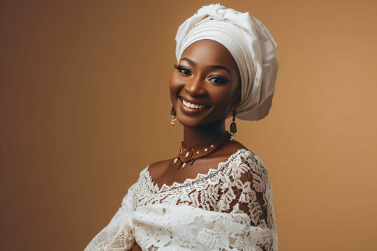 portrait of a Nigerian woman, Nigerian Woman in Traditional Yoruba Attire with Head Tie, model photography, Traditional Attire