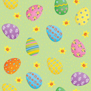 easter seamless pattern with painted eggs and narcissus flowers