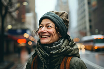 Fototapeta premium Happy woman in her fifties walking in a city