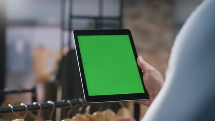 Man hands holding greenscreen tablet collect production data at boutique closeup