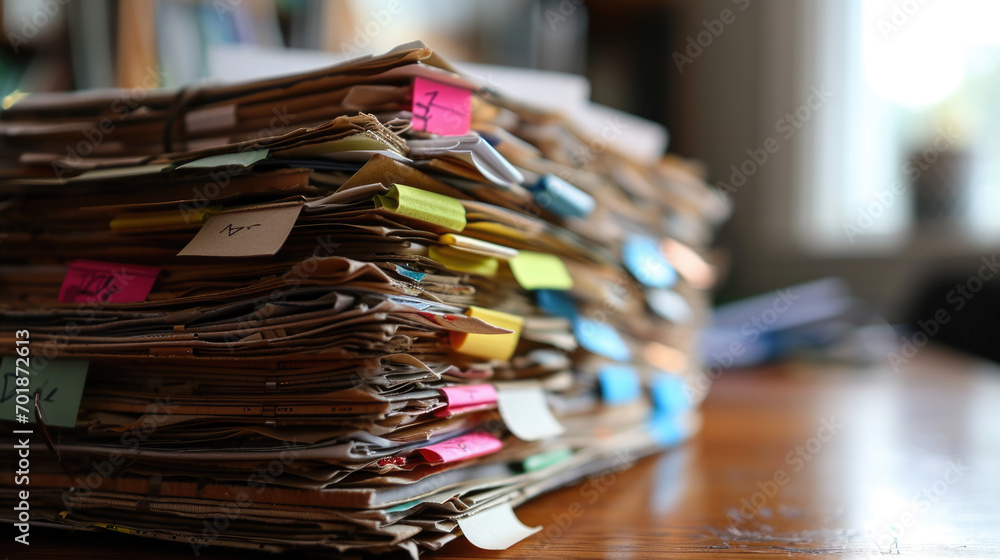 Aufkleber close-up of a large stack of worn and tattered files or folders with various colored post-it tabs st