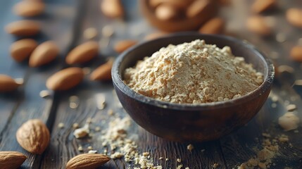 Almond flour in a bowl on a wooden background. Selective focus. - obrazy, fototapety, plakaty