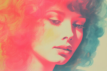 Close-up young girl with curly long hair and with brown eyes looking down, in risograph style, soft focus, retro style