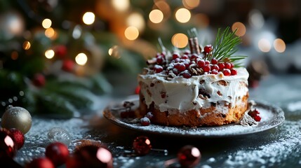 Christmas cake with cranberries and cinnamon on a dark background with bokeh