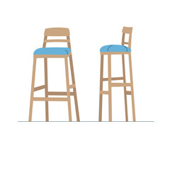 High kitchen bar chair on long wooden legs with soft blue seat. Isolated chair on white background front and side view.