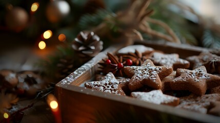 Christmas gingerbread cookies in a wooden tray on a wooden table with Christmas decorations.