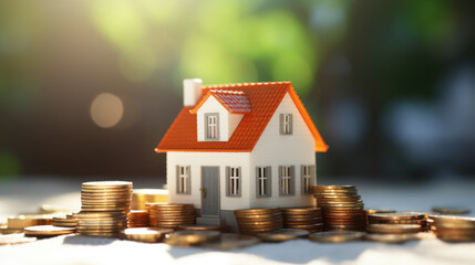 Model house with a red roof alongside stacked gold coins against a blurred background with bokeh lights.