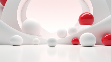 white and red spheres in a white room.Futuristic background