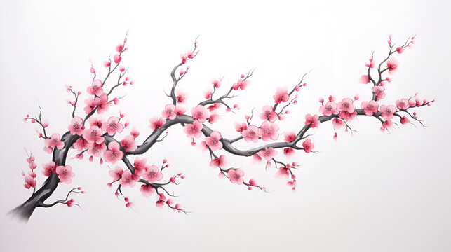 white background with branches of Japanese cherry trees with a traditional Japanese drawing design