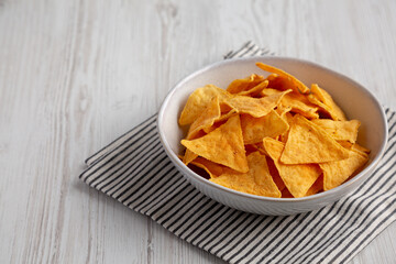 Homemade Cheese Tortilla Chips in a Bowl, side view. Copy space.