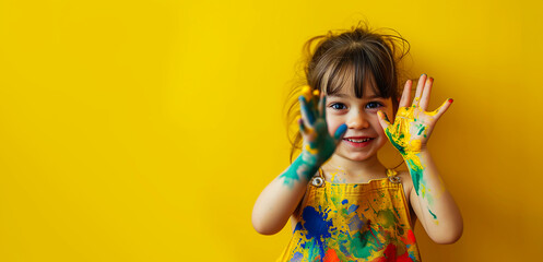  A little girl shows her palms painted with multicolored paints. A child smeared in paint. Yellow isolated background.Drawing and creativity for children. - Powered by Adobe