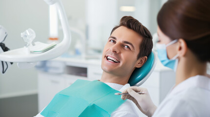 Close-up view of a dental examination with a male patient smiling while a dentist wearing gloves conducts an oral checkup using a dental mirror.