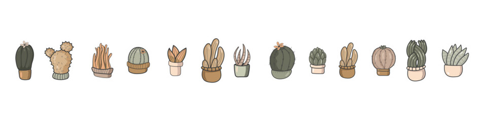 A set of bright beautiful unusual cacti of various shapes isolated on a white background. Different shapes of cacti and succulents for your design. All objects are separated. Vector illustration.