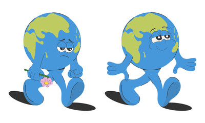 Cartoon earth with different emotions, isolated on a white background. A sad planet with a withered flower in its hand and a cheerful, joyful planet.Vector illustration. Environmental problems.