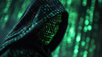 Shadowy figure in a hooded jacket standing against a backdrop of digital data code - obrazy, fototapety, plakaty