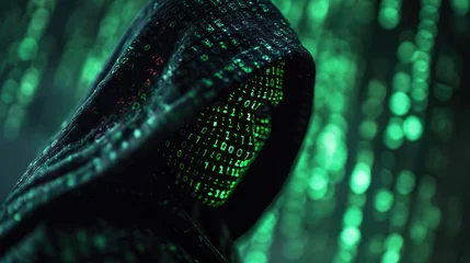 Deurstickers Shadowy figure in a hooded jacket standing against a backdrop of digital data code © MP Studio