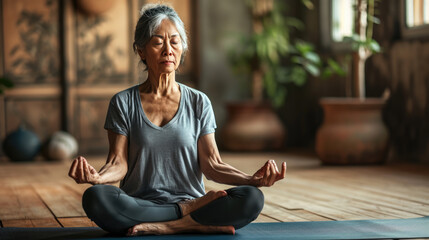 Older woman with gray hair, sitting in a cross-legged yoga pose with her eyes closed and hands in a meditative gesture