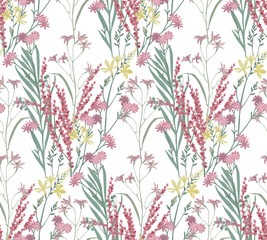 Flowers and leaves in vintage style, seamless pattern.