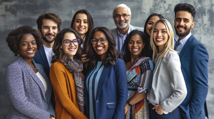 Line-up of cheerful individuals from diverse ethnic backgrounds, with confident smiles, dressed in professional attire, representing a unified team or staff of a modern, inclusive company. - obrazy, fototapety, plakaty
