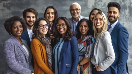 Foto op Plexiglas Line-up of cheerful individuals from diverse ethnic backgrounds, with confident smiles, dressed in professional attire, representing a unified team or staff of a modern, inclusive company. © MP Studio