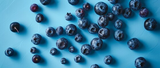A heap of fresh, ripe blueberries on a blue surface.