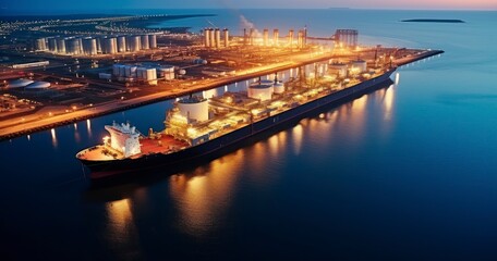 Fototapeta premium Aerial view oil tanker. Oil loading dock, Crude oil tanker lpg ngv at night. Generative AI