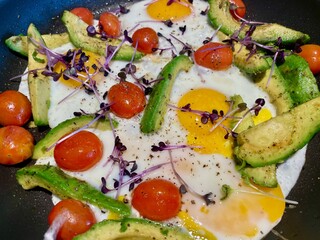 Close up of fried egg with avocado, tomatoes and cress.