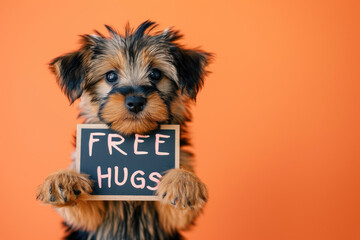 A cute small dog holding a Free Hugs sign isolated on an orange background copy space