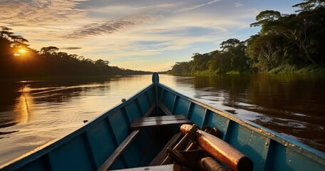 Boat sailing in the river at dusk. Generative AI - obrazy, fototapety, plakaty