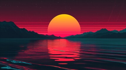 Sun and landscape in a retro background, characterized by vintage colors and minimalist shapes.