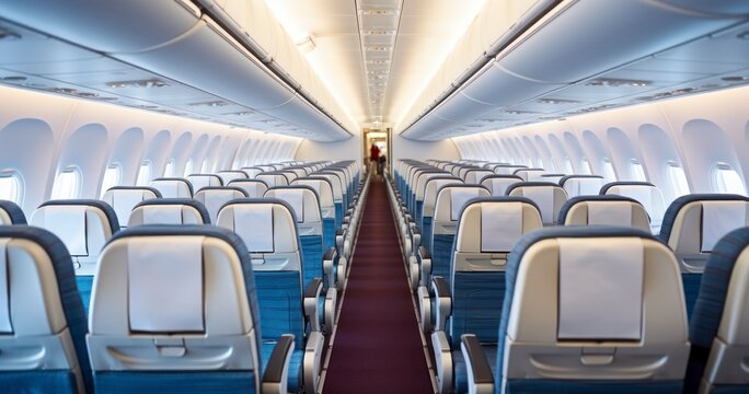 The Sleek and Advanced Cabin Interior of Today's Commercial Passenger Plane. Generative AI