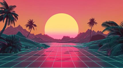 Retro-style background with a sun and landscape, adorned with vintage colors and minimalistic shapes. - obrazy, fototapety, plakaty