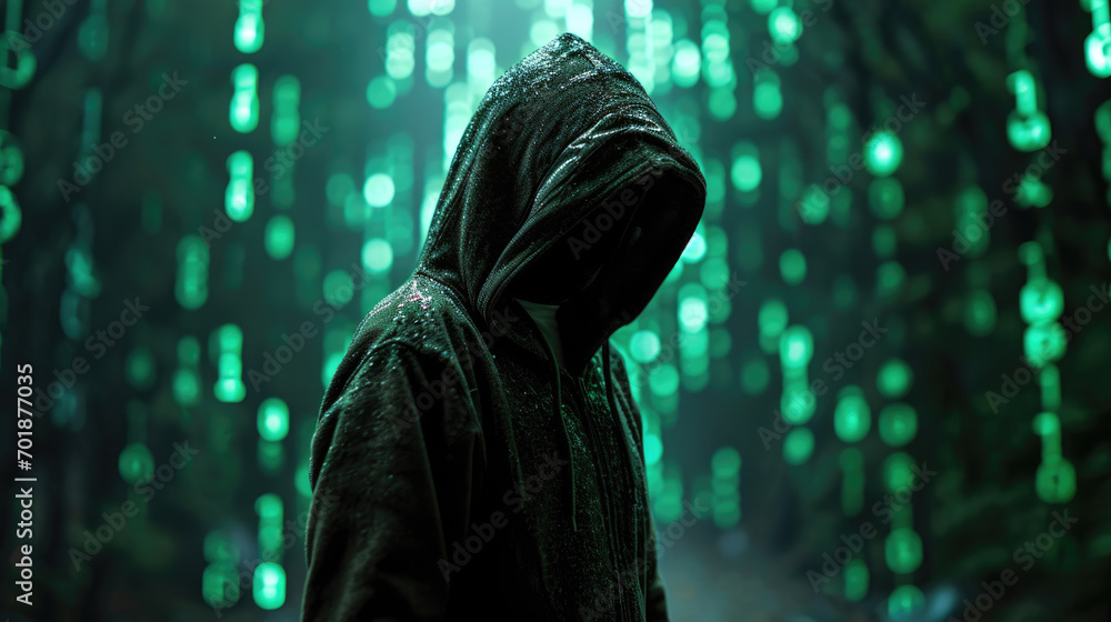Poster shadowy figure in a hooded jacket standing against a backdrop of digital data code