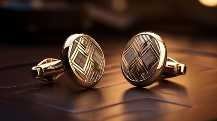 A pair of elegant cufflinks with a unique pattern, shining in the light.